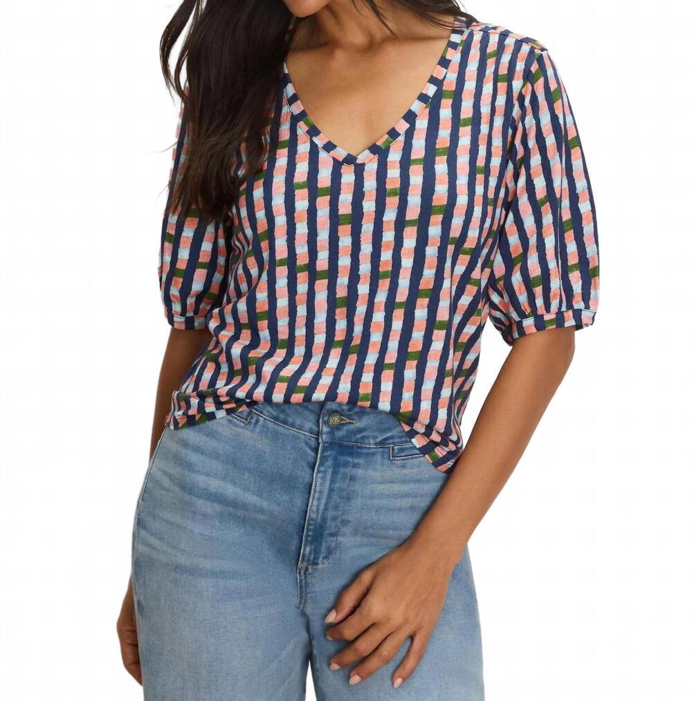 NEW NIC + ZOE elbow sleeve reef stripe v-neck tee in indigo multi